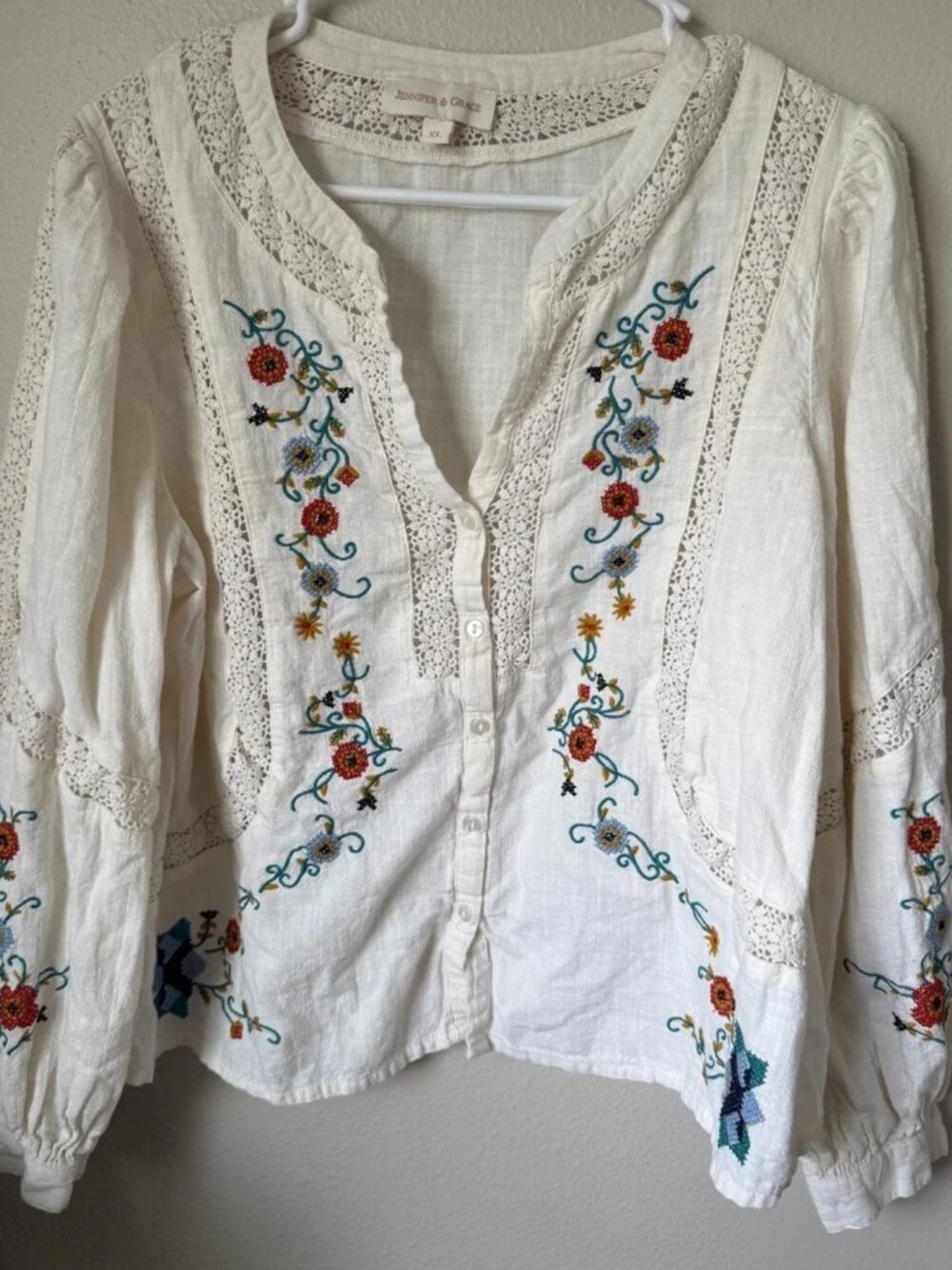 Jennifer & Grace Embroidered Boho Peasant Blouse XL Cream Cottagecore Top - Picture 2 of 5